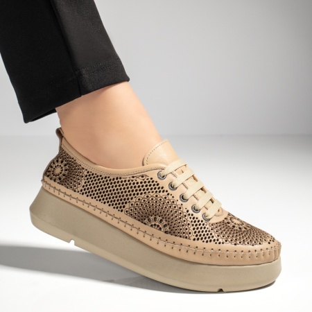 Pantofi dama casual, Pantofi casual dama cu siret si perforatii bej din Piele naturala ZLZ13303, elaza.ro