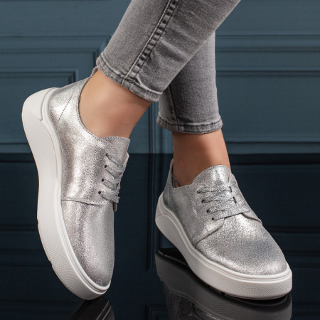Pantofi casual dama cu siret si talpa groasa argintii din Piele naturala ZLZ11132, 2, elaza.ro