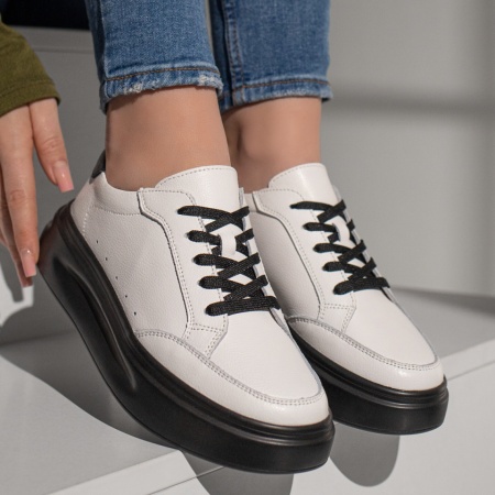 Pantofi casual dama, Pantofi casual dama cu talpa groasa alb cu negru din Piele naturala ZLZ06200, elaza.ro