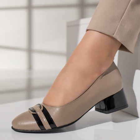 Pantofi cu toc dama si imprimeu khaki cu negru din Piele naturala ZLZ12046, 2, elaza.ro