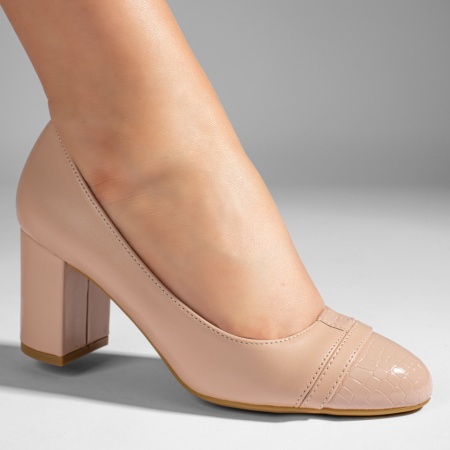 Pantofi cu toc gros, Pantofi dama cu toc gros bej ZLZ10985, elaza.ro