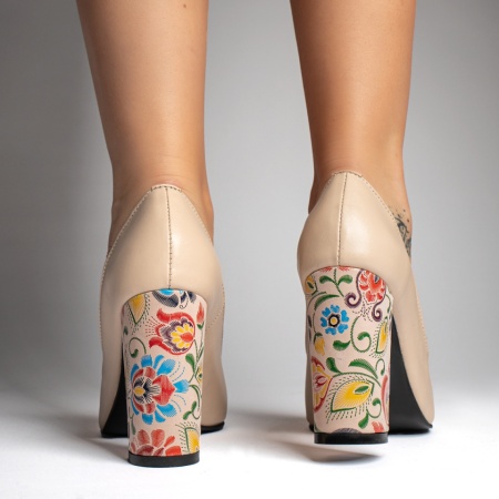 Pantofi dama cu toc gros si imprimeu bej deschis din Piele naturala ZLZ12738, 2, elaza.ro