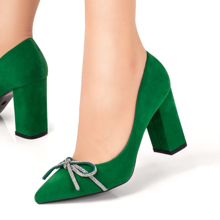 Pantofi cu toc gros, Pantofi dama verzi suede cu toc gros si funda cu pietre aplicate ZLZ06131, elaza.ro