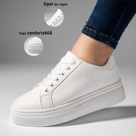 Pantofi sport dama, Tenisi dama albi cu siret si talpa groasa ZLZ10950, elaza.ro