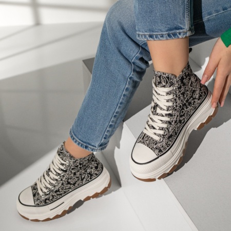 Pantofi sport dama, Tenisi dama cu siret si talpa groasa negri cu imprimeu ZLZ12994, elaza.ro