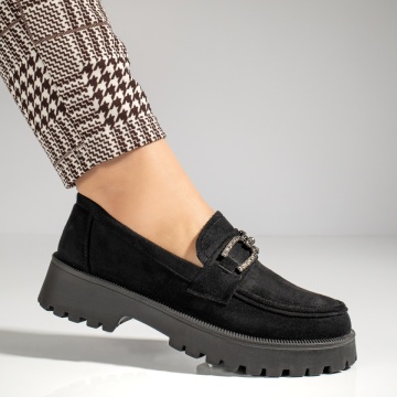 Pantofi casual dama cu accesoriu metalic si talpa groasa negru suede ZLZ12988, 2, elaza.ro