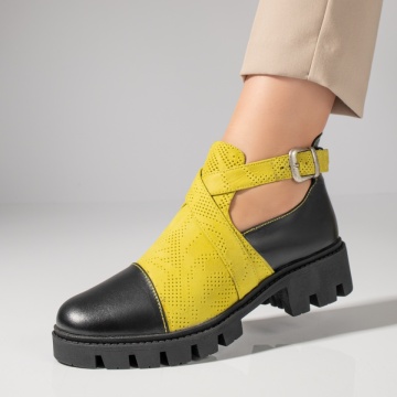 Pantofi casual dama cu bareta negri cu galben din Piele naturala ZLZ10375, 2, elaza.ro