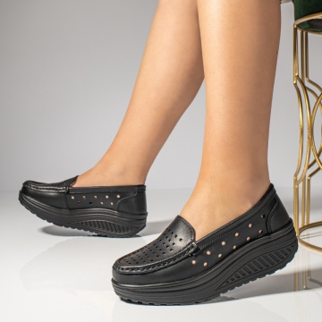 Pantofi casual dama cu platforma si perforatii negri din Piele naturala ZLZ03748, 2, elaza.ro