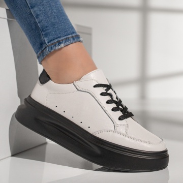 Pantofi casual dama cu talpa groasa alb cu negru din Piele naturala ZLZ06200, 2, elaza.ro