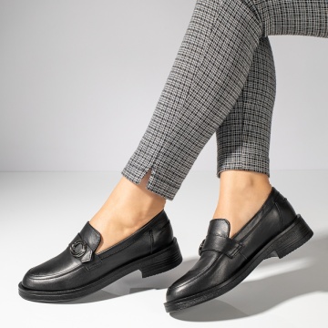 Pantofi casual negri dama din Piele naturala cu accesoriu metalic ZLZ11888, 2, elaza.ro