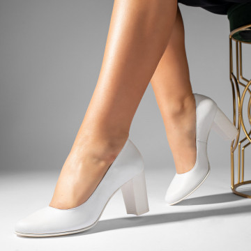 Pantofi dama cu toc gros albi din Piele naturala ZLZ07647, 2, elaza.ro