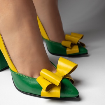 Pantofi dama cu toc gros si fundita galben cu verde din Piele naturala ZLZ12923, 1, elaza.ro