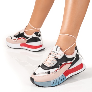 Pantofi sport dama cu siret si talpa groasa negri cu alb si rosu ZLZ09912, 1, elaza.ro