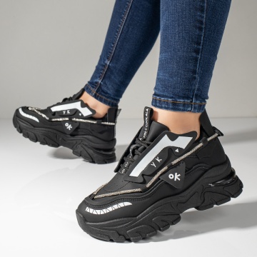 Pantofi sport dama cu siret si talpa groasa negri ZLZ11059, 2, elaza.ro
