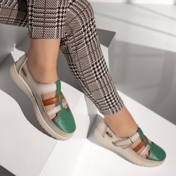 Pantofi casual cu talpa groasa si inchidere cu scai bej cu verde ZLZ13320, 1, elaza.ro