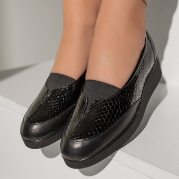 Pantofi dama casual cu platforma negri cu print din Piele naturala ZLZ03550, 6, elaza.ro