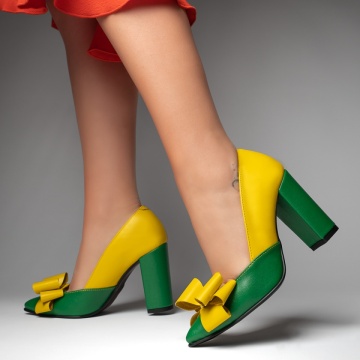 Pantofi dama cu toc gros si fundita galben cu verde din Piele naturala ZLZ12923, 2, elaza.ro