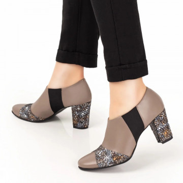 Pantofi dama cu toc si insertie de material elastic bej din Piele naturala ZLZ06143, 2, elaza.ro