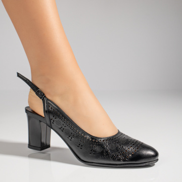 Sandale dama cu toc gros si perforatii negre din Piele naturala ZLZ11566, 1, elaza.ro