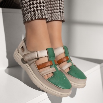 Pantofi casual cu talpa groasa si inchidere cu scai bej cu verde ZLZ13320, 2, elaza.ro