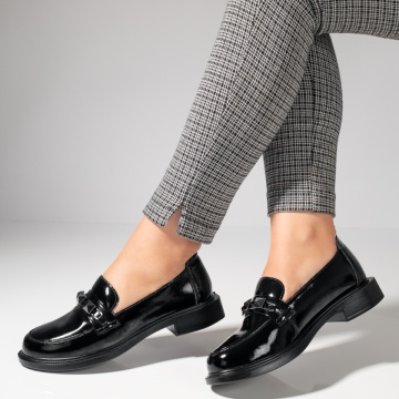 Pantofi casual dama cu accesoriu metalic negri luciosi din Piele naturala ZLZ11986, 1, elaza.ro
