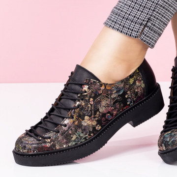 Pantofi casual dama cu siret si imprimeu negri din Piele naturala ZLZ03549, 2, elaza.ro