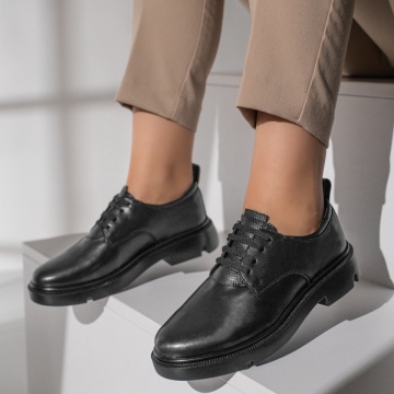 Pantofi dama casual cu siret si talpa groasa negri din Piele naturala ZLZ12045, 2, elaza.ro