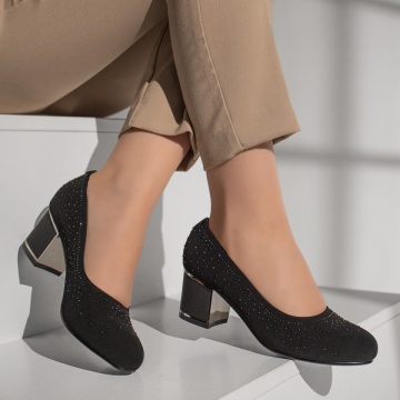 Pantofi dama cu toc gros si aplicatii cu pietre negru suede ZLZ11948, 2, elaza.ro