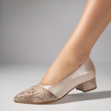 Pantofi dama cu toc mic bej sidefat cu print din Piele naturala ZLZ12143, 1, elaza.ro
