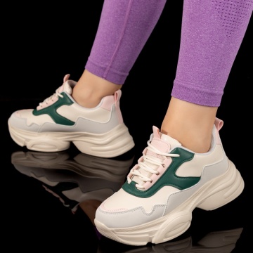 Pantofi dama sport cu talpa groasa bej cu verde ZLZ10027, 1, elaza.ro