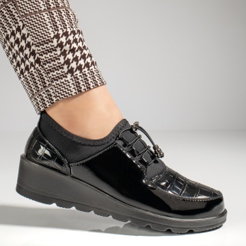 Pantofi casual dama cu siret elastic si platforma negri luciosi ZLZ12985, 1, elaza.ro