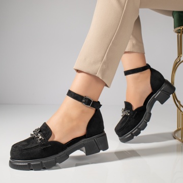 Pantofi casual dama negri suede cu accesoriu metalic si catarama ZLZ11841, 2, elaza.ro