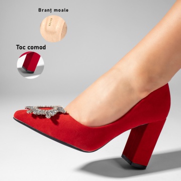Pantofi dama cu toc gros si accesoriu metalic rosu suede ZLZ10984, 1, elaza.ro