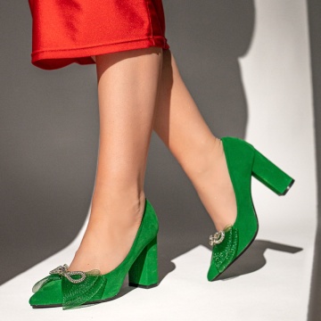 Pantofi dama cu toc si fundita verde suede ZLZ10991, 1, elaza.ro
