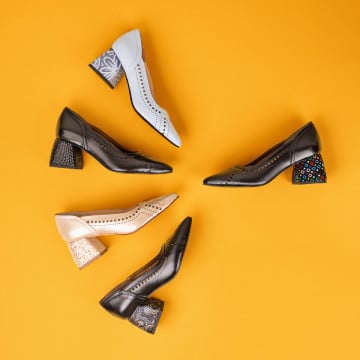 Pantofi dama cu toc si perforatii aurii glitter din Piele naturala ZLZ10240, 2, elaza.ro