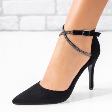 Pantofi dama cu toc subtire si bareta cu strasuri negri suede ZLZ09038