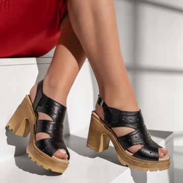 Sandale cu toc dama cu toc si platforma mica din Piele naturala negre ZLZ11633, 2, elaza.ro