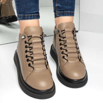 Ghete dama cu siret elastic si talpa groasa khaki din Piele naturala ZLZ12774, 1, elaza.ro