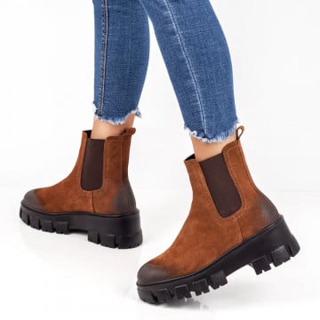 Ghete dama cu talpa groasa maro suede din Piele naturala ZLZ05383, 2, elaza.ro
