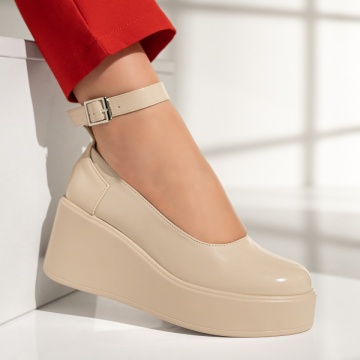 Pantofi casual cu platforma si bareta bej cu aspect lucios ZLZ12964, 2, elaza.ro