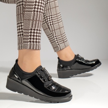 Pantofi casual dama cu siret elastic si platforma negri luciosi ZLZ12985, 2, elaza.ro