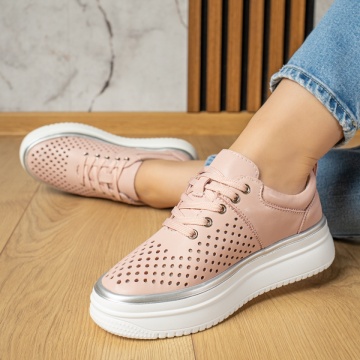 Pantofi casual dama cu siret si perforatii roz din Piele naturala ZLZ13245, 2, elaza.ro