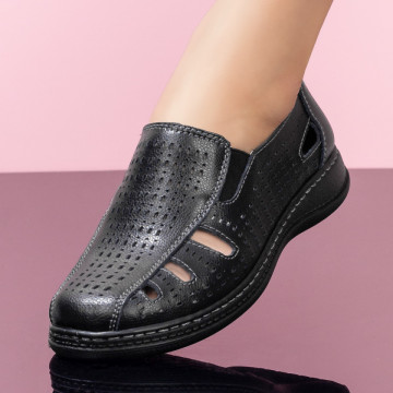 Pantofi casual negre dama perforati din Piele ZLZ04475, 1, elaza.ro