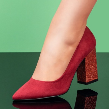 Pantofi cu toc gros dama visinii suede glitter ZLZ08378, 1, elaza.ro