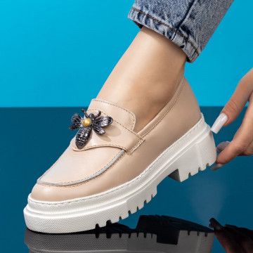 Pantofi dama casual bej din Piele naturala cu aplicatii metalice ZLZ04117, 2, elaza.ro