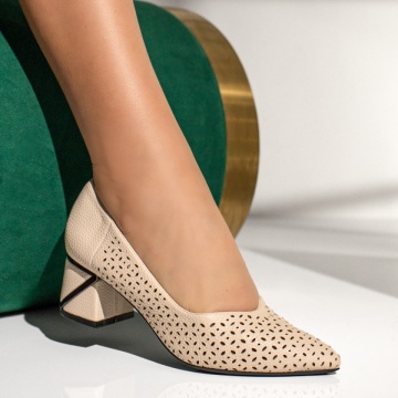 Pantofi dama cu toc gros si perforatii bej ZLZ13699, 1, elaza.ro