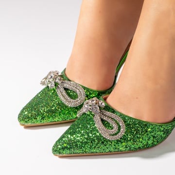 Pantofi dama verzi glitter cu toc subtire si fundita ZLZ09104, 2, elaza.ro
