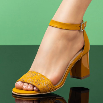 Sandale dama galbene cu print din Piele naturala ZLZ04809, 3, elaza.ro