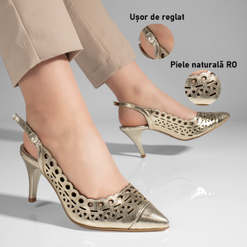 Sandale dama perforate cu toc subtire aurii din Piele naturala ZLZ11307, 1, elaza.ro