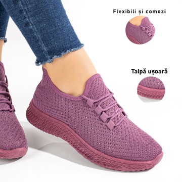 Espadrile sport dama cu siret si strasuri din material textil mov ZLZ10998, 1, elaza.ro
